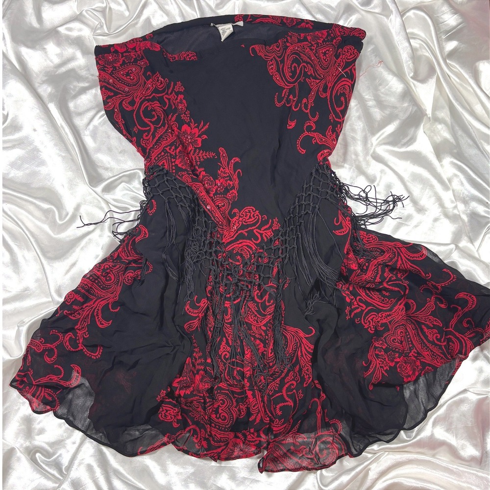 y2k Strapless Top Black Red Excellent Paisley Fringe Macrame Sequin Chiffon